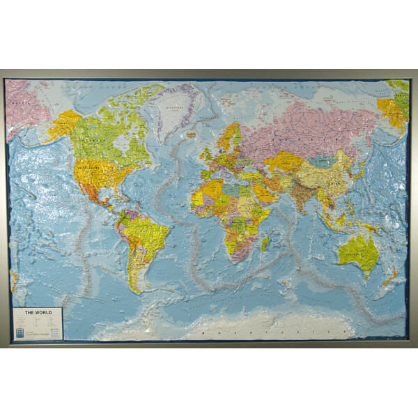 geo-institut Weltkarte Reliefkarte Welt Silver line politisch Englisch