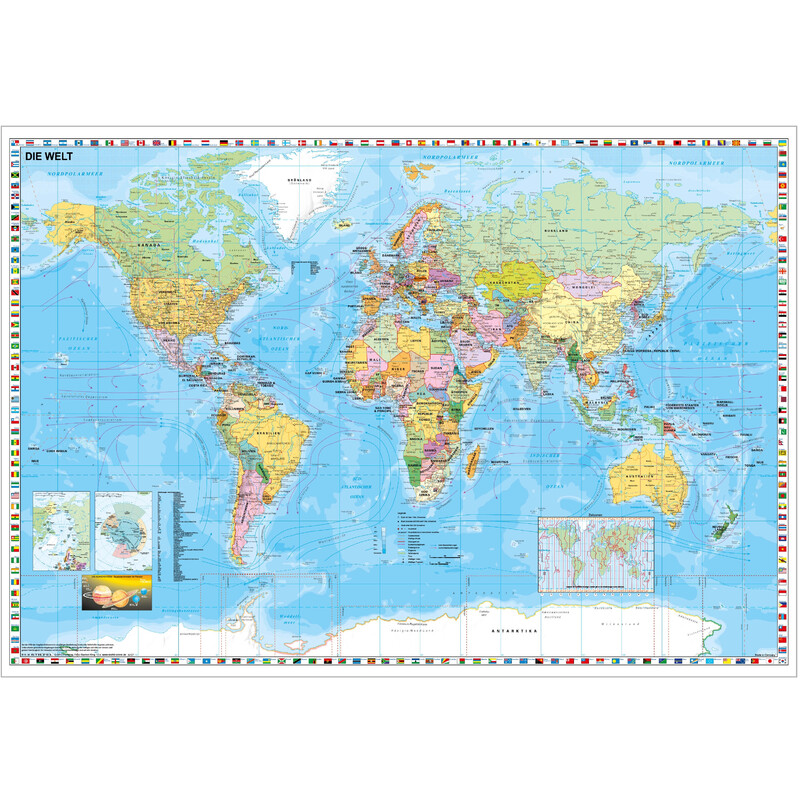 Stiefel Weltkarte politisch mit Flaggenrand (137x89) auf Platte zum Pinnen und magnethaftend
