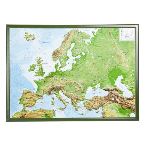 Georelief Kontinentkarte Europa (78x58) 3D Reliefkarte mit Holzrahmen