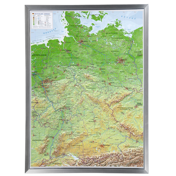 Georelief Landkarte Deutschland (77x57) 3D Reliefkarte mit Alu-Rahmen