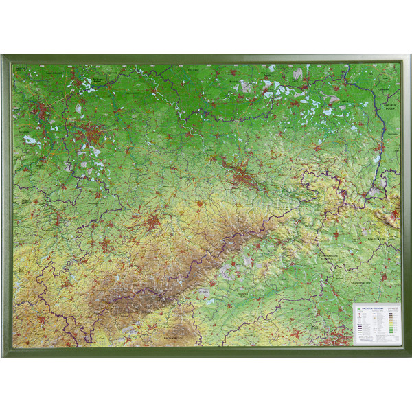Georelief Regional-Karte Sachsen groß, 3D Reliefkarte mit Holzrahmen
