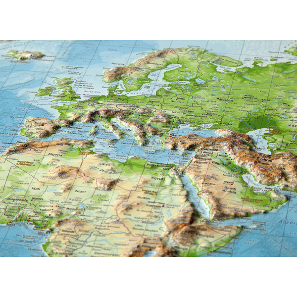 Georelief Weltkarte (77x57) 3D Reliefkarte mit Holzrahmen, ENGLISCH
