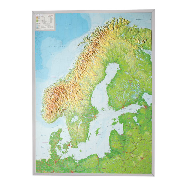 Georelief Regional-Karte Skandinavien groß, 3D Reliefkarte mit Kunststoffrahmen silber