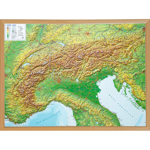 Georelief Regional-Karte Alpenbogen (77x57) 3D Reliefkarte mit Holzrahmen