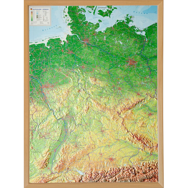 Georelief Landkarte Deutschland (77x57) 3D Reliefkarte mit Holzrahmen