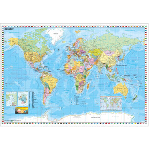 Stiefel Weltkarte politisch mit Flaggenrand (137x89) auf Platte zum Pinnen