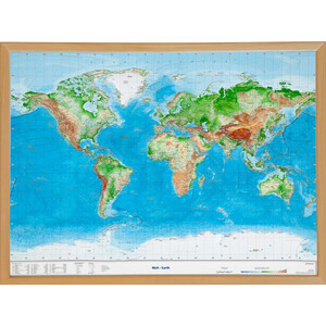 Georelief Weltkarte 3D Reliefkarte mit Holzrahmen (77 x 57 cm)