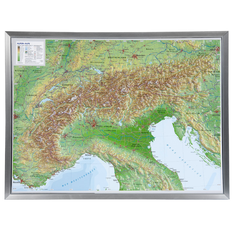 Georelief Regional-Karte Alpen (77 x 57 cm) 3D Reliefkarte mit Alu-Rahmen