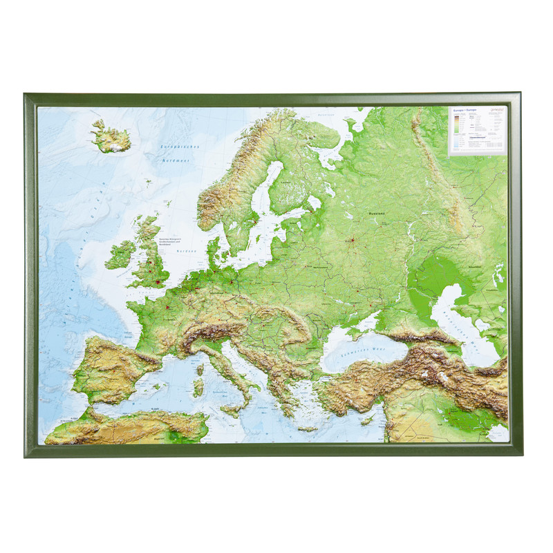 Georelief Kontinentkarte Europa (78x58) 3D Reliefkarte mit Holzrahmen