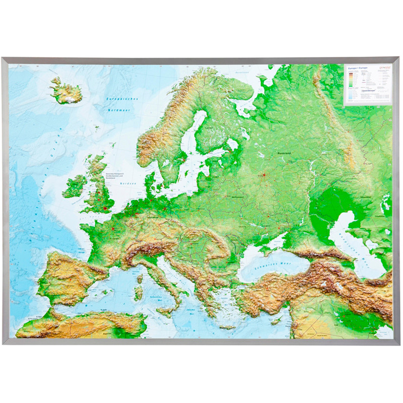 Georelief Kontinentkarte Europa (77x57) 3D Reliefkarte mit Alu-Rahmen