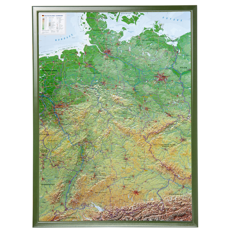 Georelief Landkarte Deutschland (77x57) 3D Reliefkarte mit Holzrahmen