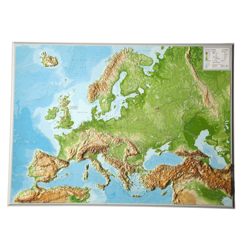 Georelief Kontinentkarte Europa groß, 3D Reliefkarte, ENGLISCH