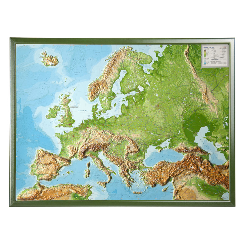 Georelief Kontinentkarte Europa groß, 3D Reliefkarte mit Holzrahmen, ENGLISCH
