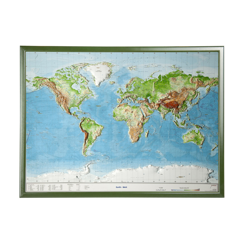 Georelief Weltkarte (77x57) 3D Reliefkarte mit Holzrahmen, ENGLISCH