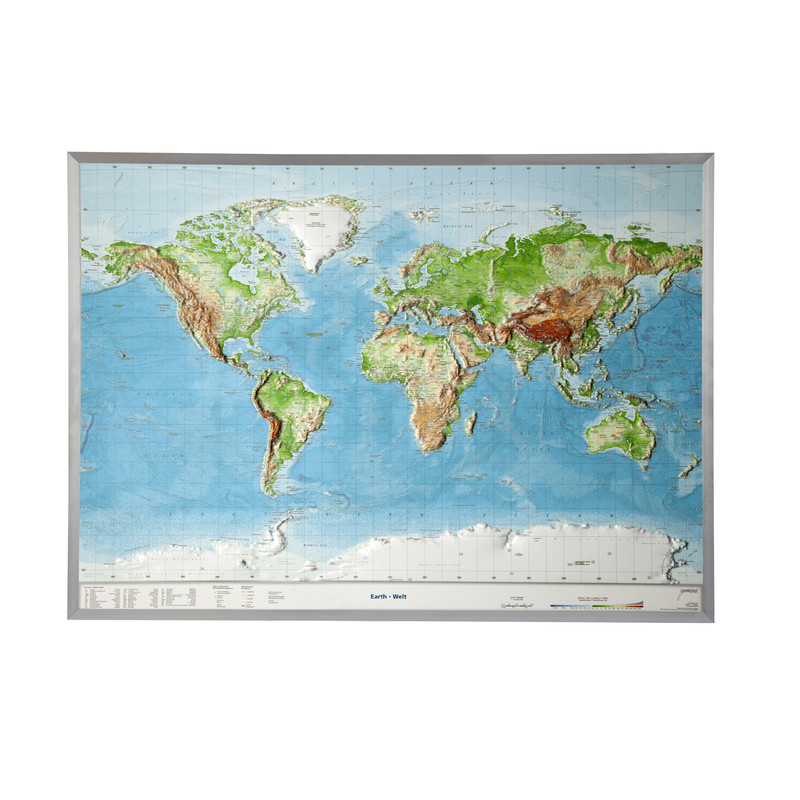 Georelief Weltkarte Welt groß, 3D Reliefkarte mit Alu-Rahmen, ENGLISCH