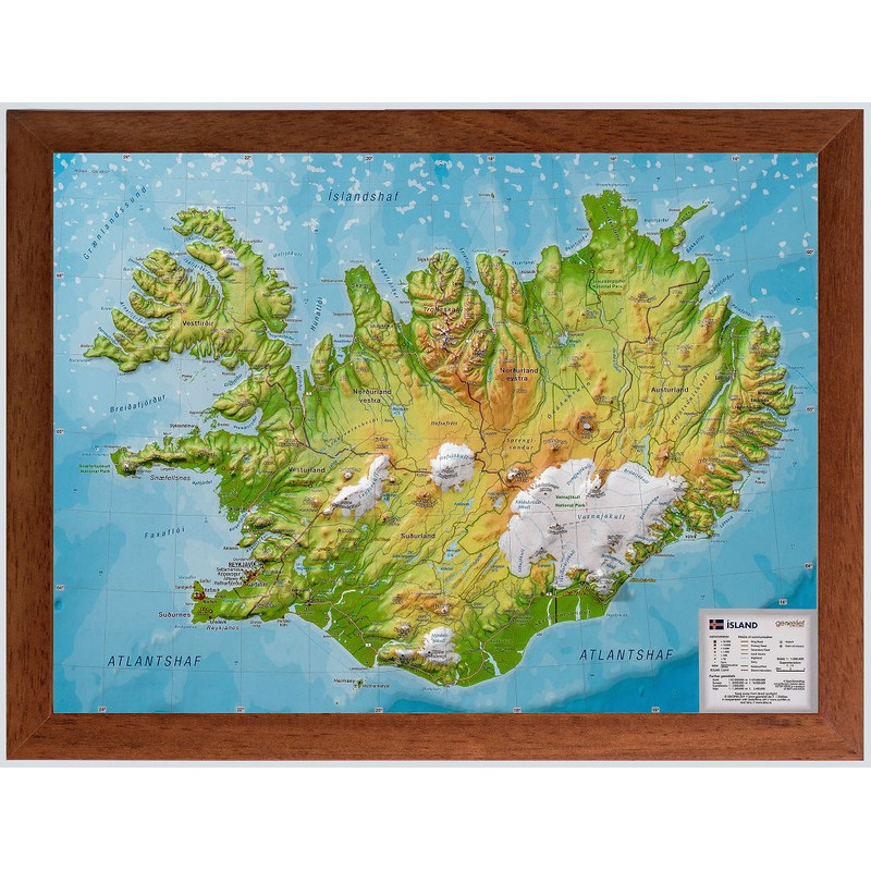 Georelief Landkarte Island (klein) mit Holzrahmen, 3D Reliefkarte