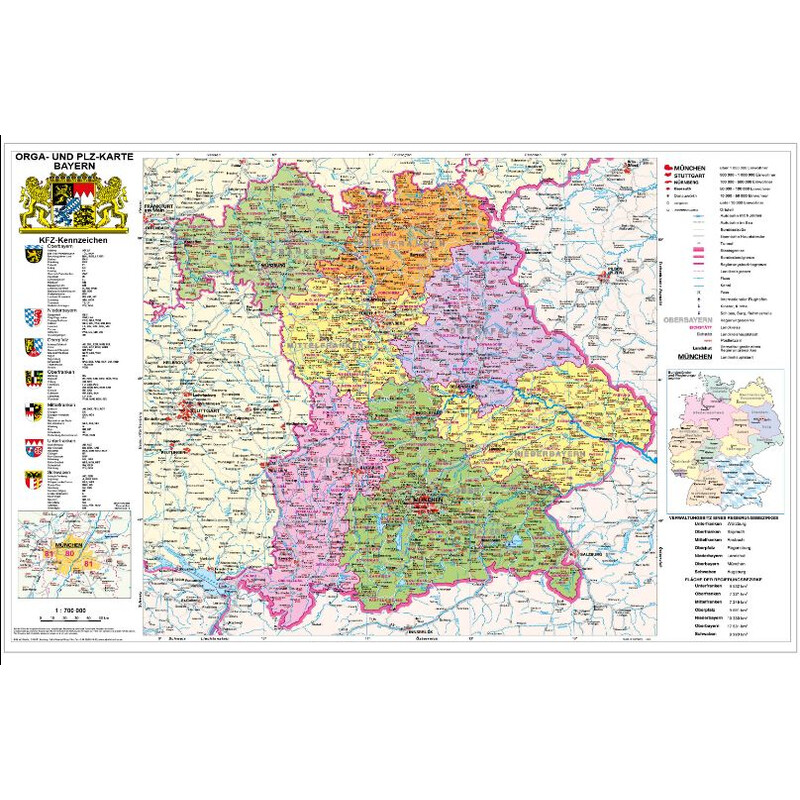 Stiefel Regional-Karte Bayern politisch mit Postleitzahlen