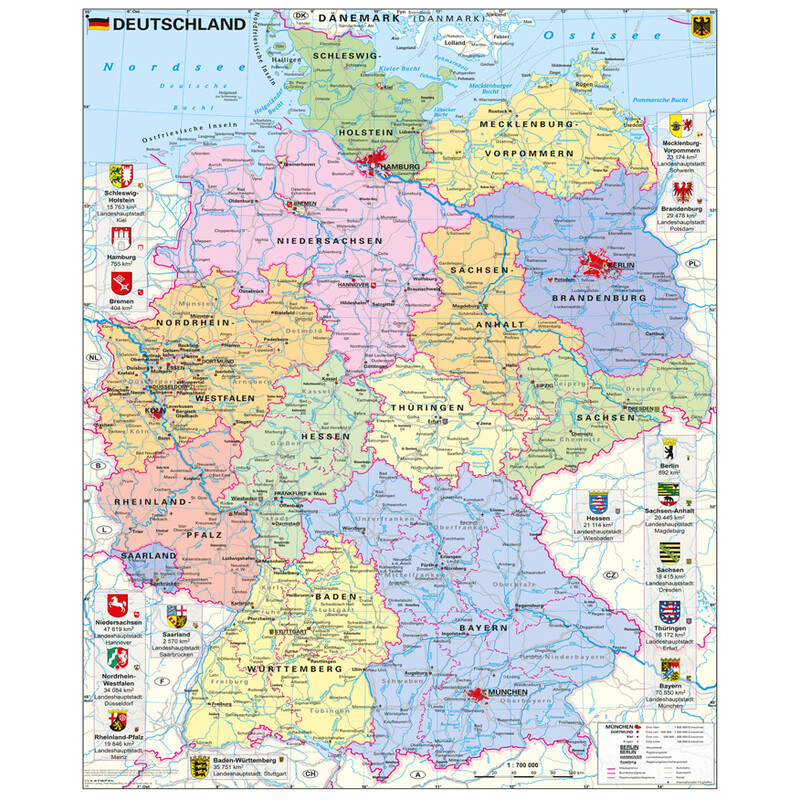 Stiefel Landkarte Deutschland politisch mit Wappen (97 x 119 cm)