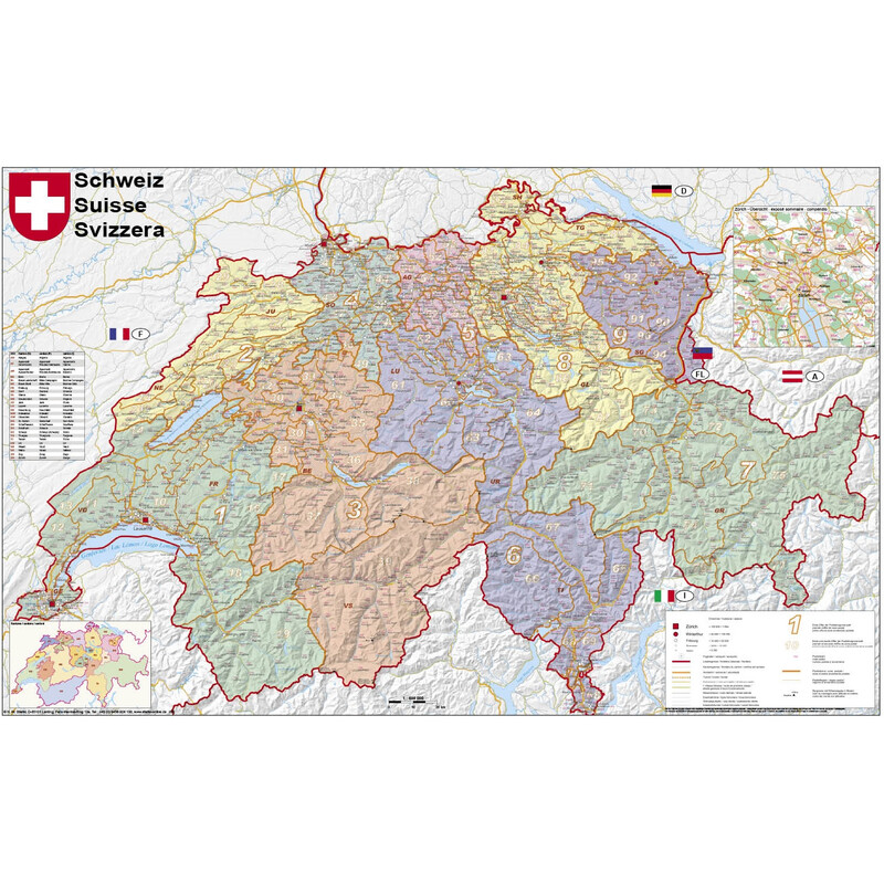 Stiefel Landkarte Schweiz politisch mit Postleitzahlen (95 x 62 cm)