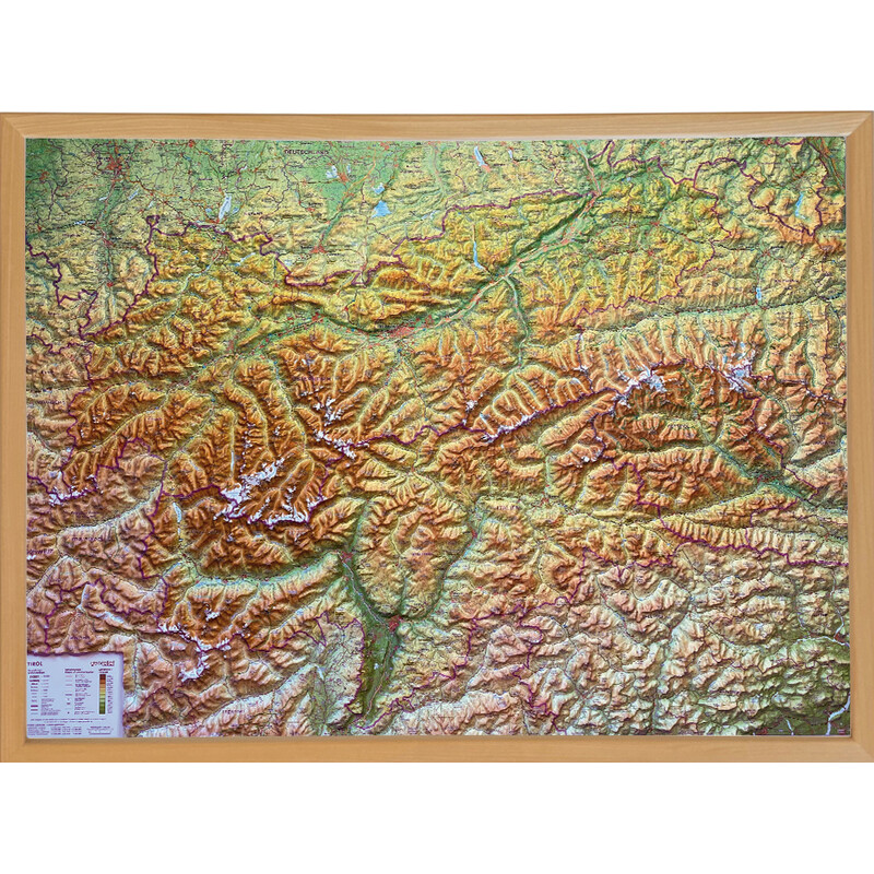 Georelief Regional-Karte Tirol (78 x 58 cm) 3D Reliefkarte mit Holzrahmen